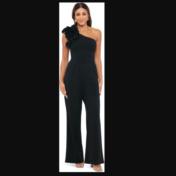 *NEW* XSCAPE Black One Shoulder Crepe Scuba Jumpsuit - Picture 2 of 5